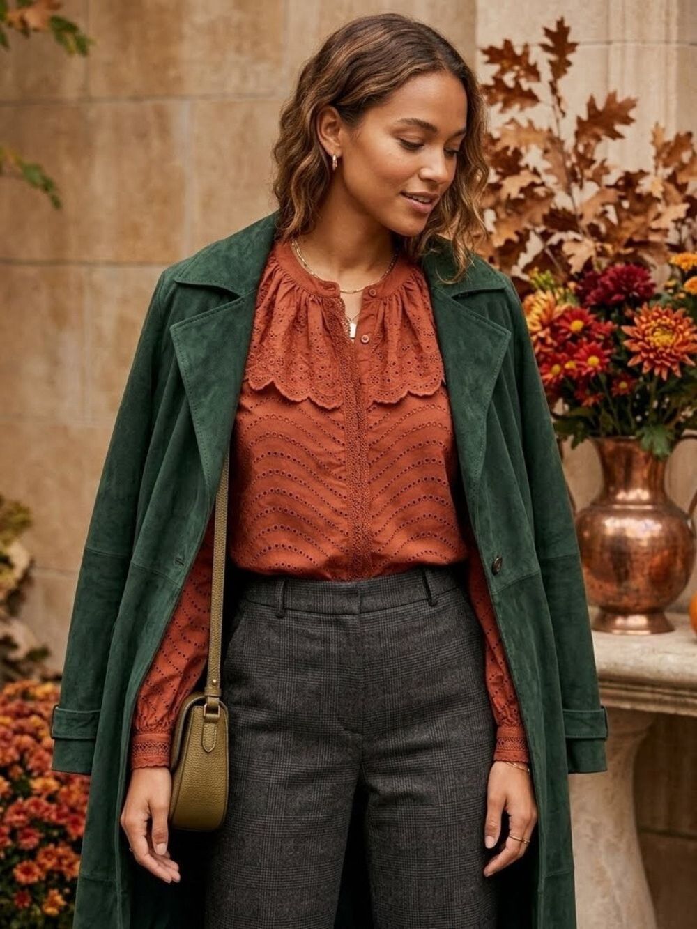 Caroline Constas Rust Eyelet Blouse with Scalloped Collar